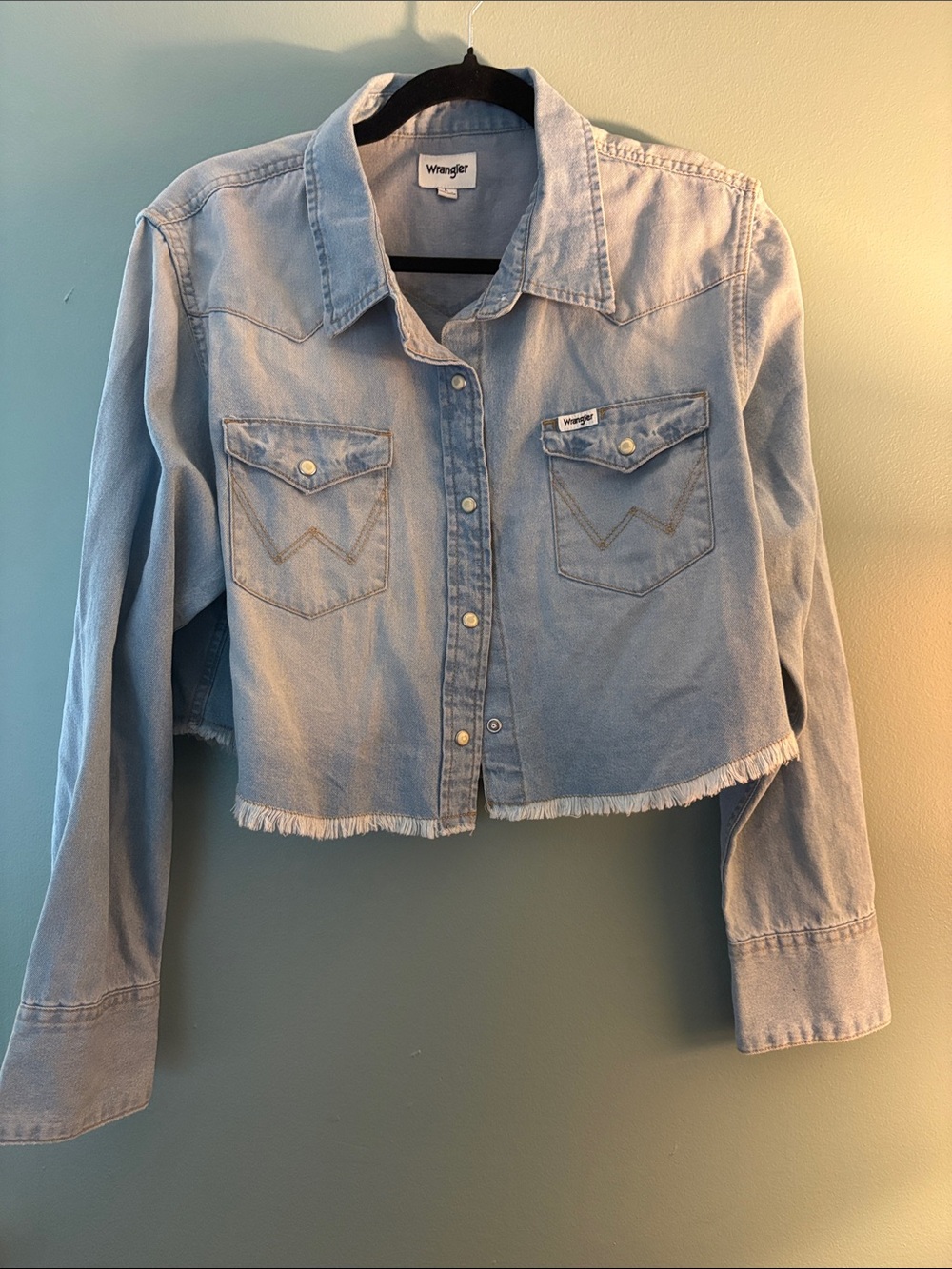 Wrangler Light Blue Fringed Cropped Denim Jacket